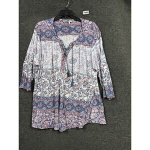 Lucky Brand Tassel Peasant Top Size 3X Blue and Red Multi Patterned 3/4 Sleeve